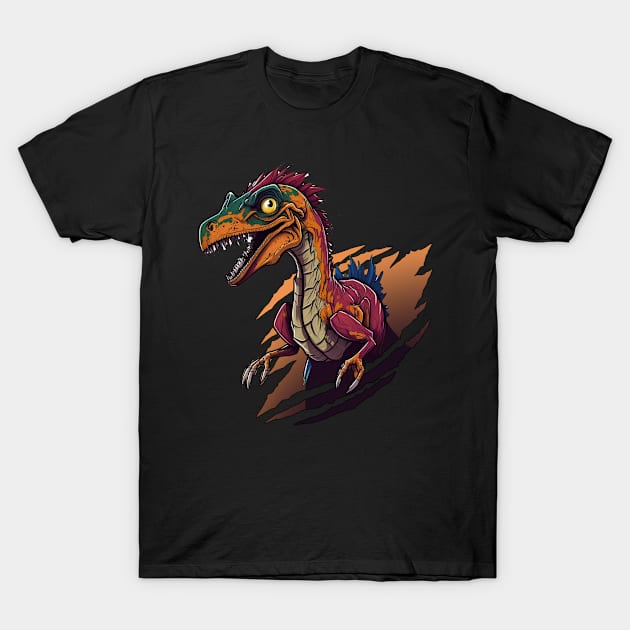 Velociraptor Dinosaur Vivid Colors T-Shirt by GAMAS Threads